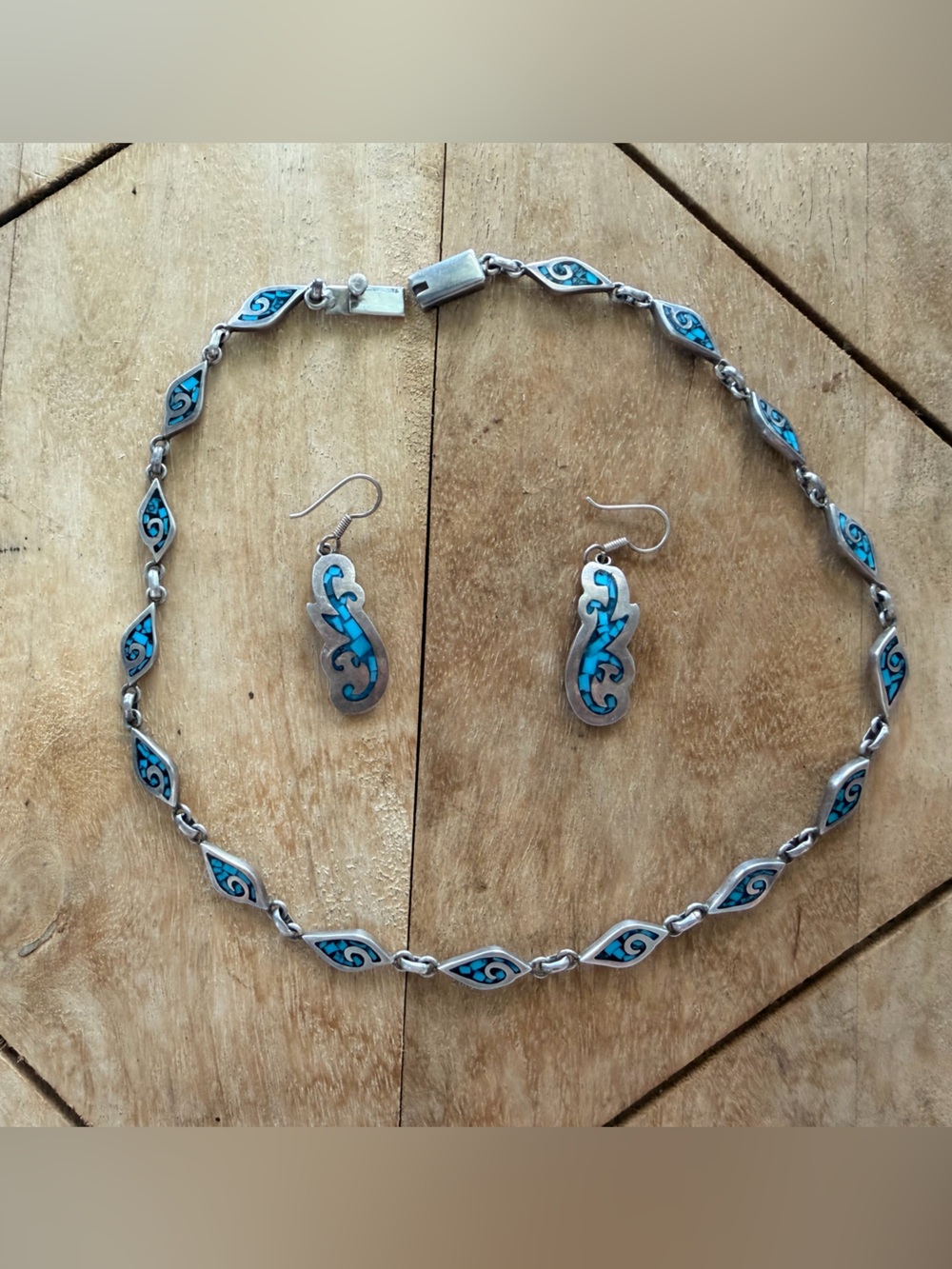 Blue Inlay Silver Necklace and Earring Set - Women Jewelry